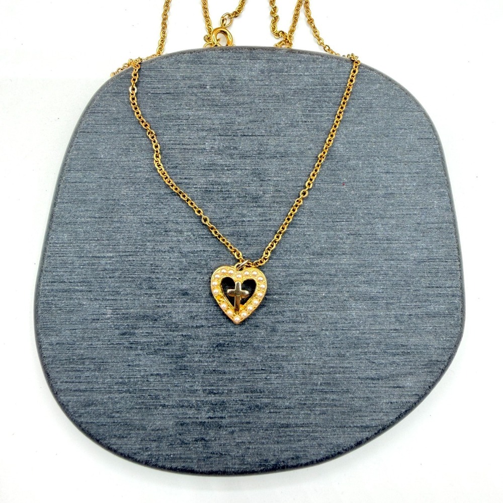 Gold Tone Faux Pearl Heart Cross Pendant Necklace Christian Faith Romantic Gift
